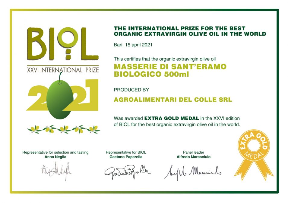 Masserie Di Sant’Eramo XXVI Edition of BIOL for the Best Organic Extra Virgin Olive Oil in the World 2021