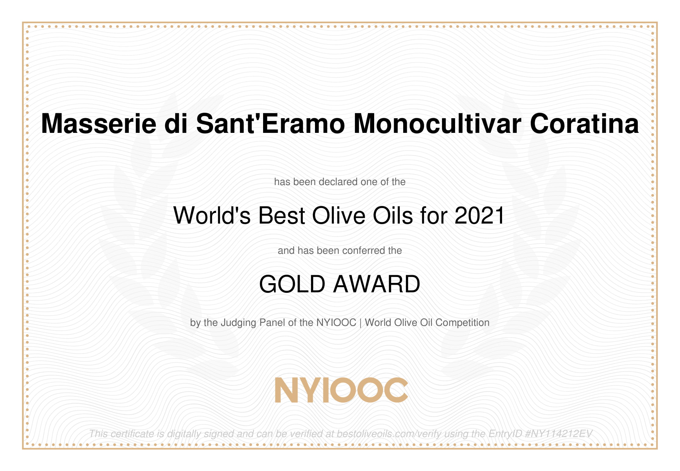 Masserie Di Sant’Eramo  MONOCULTIVAR EXTRA VIRGIN OLIVE OIL – GOLD AWARD WINNERS of NYIOOC World’s Best Olive Oils 2021
